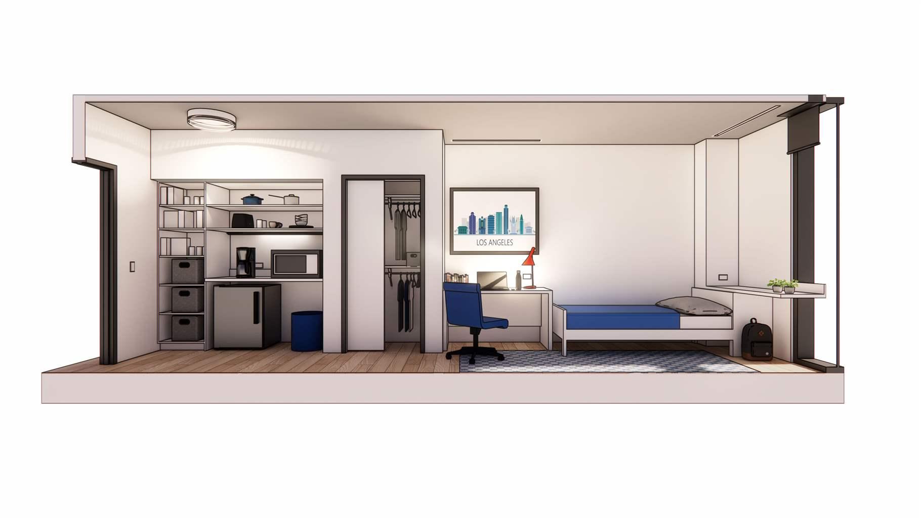 Side view of a single apartment shows a small kitchenette, closet, desk, bed, and ample window. 